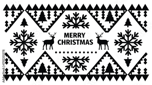 Black and white scandinavian style christmas banner with deer snowflakes trees and merry christmas text