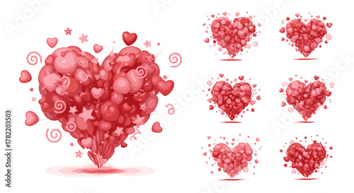 A dynamic 3D animation of a heart shape exploding into a multitude of smaller hearts, stars, and swirls, rendered in vibrant shades of red and pink. This motion graphic, featuring an alpha channel