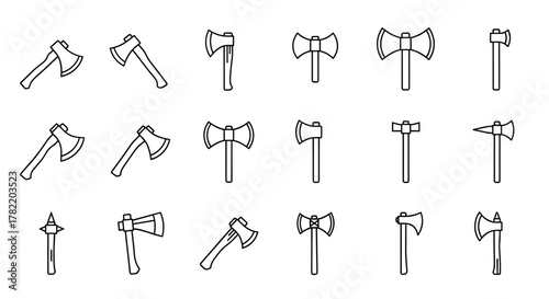 Set of minimalistic linear axe icons, featuring various axe types like battle axes, throwing axes, and standard axes, presented as clean vector line art. This collection offers versatile pictograms
