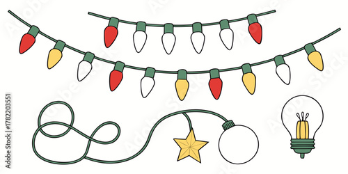 Illustration showing two strings of christmas lights with a star and lightbulb