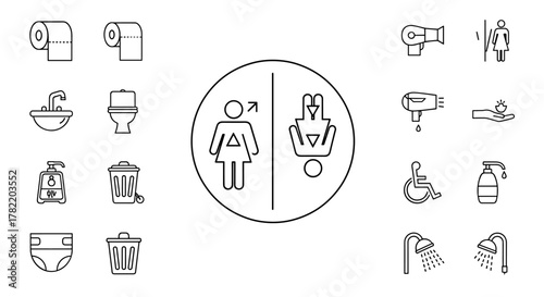 Collection of black and white line icons representing various restroom and bathroom amenities, including toilet paper, sinks, toilets, soap dispensers, trash cans, diapers, hand dryers, accessibility