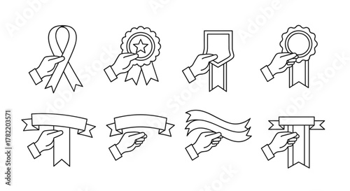 Collection of minimalistic line icons featuring hands holding various award ribbons, badges, and banners, perfect for web, graphic design, apps, banners, social networks, cards, and more, presented
