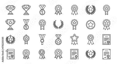 Collection of outline award icons, including trophies, medals, ribbons, laurels, and certificates, perfect for representing competition, achievement, and success in infographics, articles, books