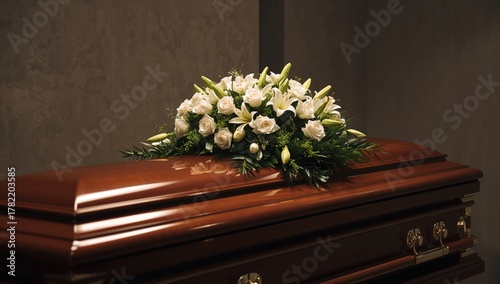 A coffin adorned with floral arrangements in a funeral home, reflection on loss