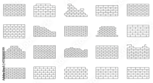 Collection of diverse brick wall outline illustrations, featuring clean editable strokes, perfect for infographics, articles, books, flyers, and banners, presented as a vector cartoon illustration