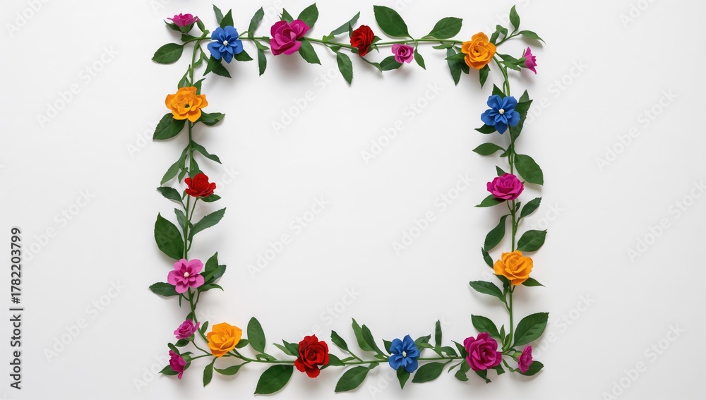 Fototapeta premium Flower frame, vibrant assortment of blossoms including blue, purple, yellow, and red roses, suitable for decorative use