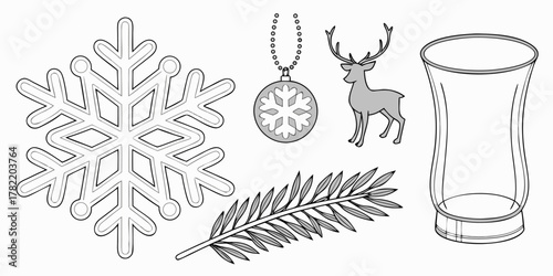 Illustration of a snowflake, ornament, deer, branch and vase on white background