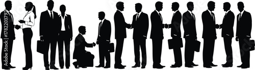 Silhouette business professionals, handshake and conversation poses, black outline figures, corporate interaction, minimal vector design, mentorship gesture concept, formal group illustration