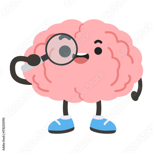 Cartoon Brain Examining with Magnifying Glass