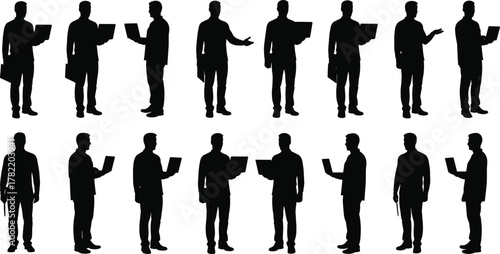 Silhouette businessman poses, black outline figures, laptop and folder gestures, formal attire group, minimal vector design, professional stance concept, office posture variation