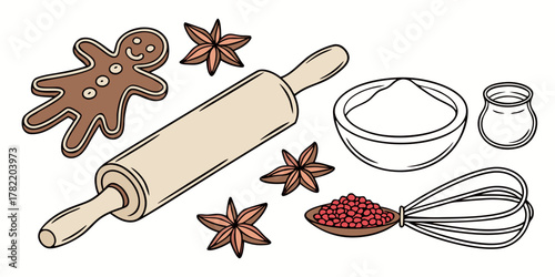 Gingerbread man cookie with rolling pin, star anise, and baking ingredients laid out