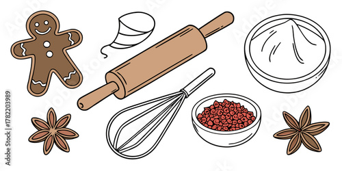 Gingerbread man cookie with baking tools and ingredients for holiday cooking