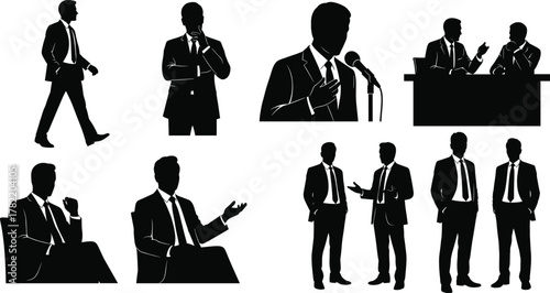 Silhouette businessmen standing, corporate gesture poses, black outline figures, formal attire group, business interaction, minimal vector design, professional posture concept