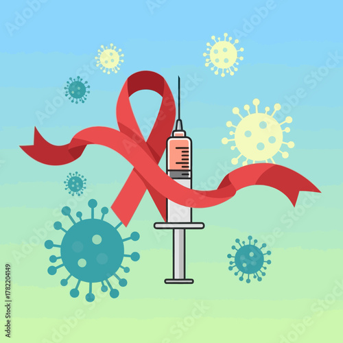 Aids awareness ribbon and syringe with virus cells. Concept of global health.