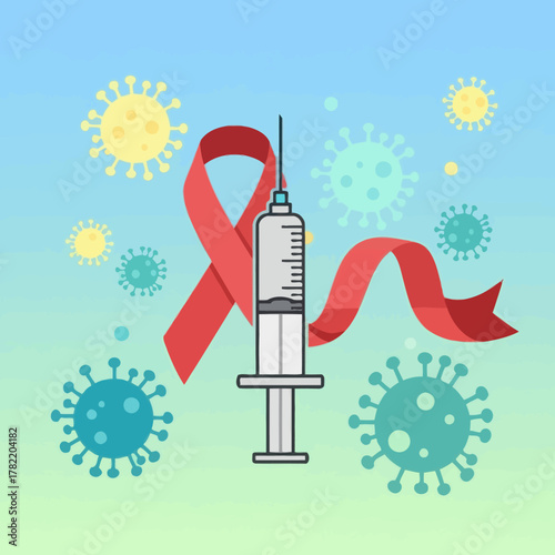 Syringe, virus, and red ribbon symbolize medical interventions for infectious diseases.