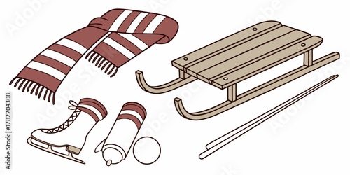 Winter scene with scarf, ice skates, snow sled, and snow ball ready for fun