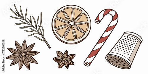 Illustration of christmas spices and sweets including star anise and candy cane