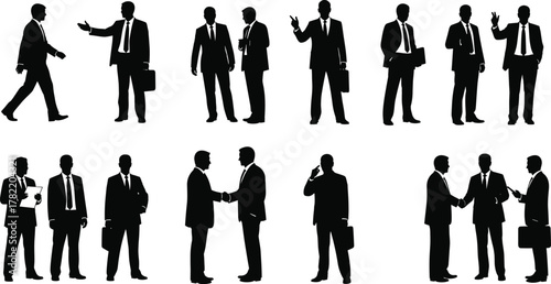 Silhouette businessmen standing, corporate poses, black outline figures, formal attire group, business interaction, minimal vector design, professional gesture concept
