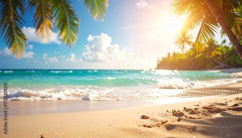 Fototapeta Naklejka Na Ścianę i Meble -  Scenic tropical beach with turquoise ocean, palm trees, golden sand, and bright sun highlighting a calm, relaxing vibe