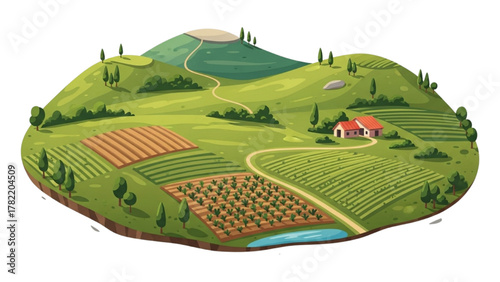 Lush green farm landscape illustration with rolling hills, cultivated fields, and a charming farmhouse under a clear sky