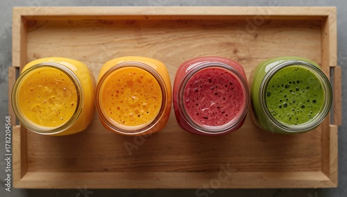 Freshly blended fruit smoothies in glass jars arranged on a wooden tray, vibrant colors for a healthy beverage option