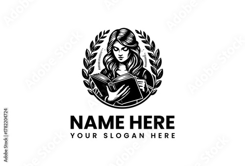 Elegant emblem of a woman reading a book, framed by a classic laurel wreath. A symbol of wisdom, literature, and academic achievement