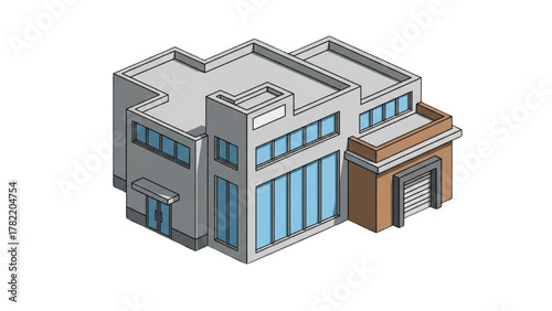 Isometric building illustration of a modern industrial facility with large windows and a loading bay
