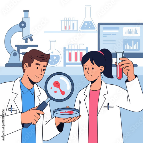 Scientists analyze blood sample in petri dish with magnifying glass. Medical research.