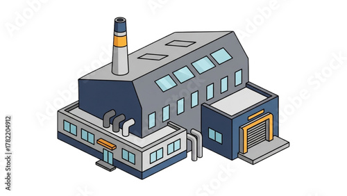 Isometric industrial factory building illustration with a prominent smokestack representing manufacturing and production processes