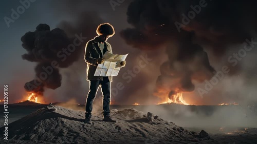 man holds map on sand at night. fire and explosion burn beyond. smoke rises across landscape. jacket zipped. boot planted. hair rimlit by flame. Ground pocked with crater. Heat distorts air.