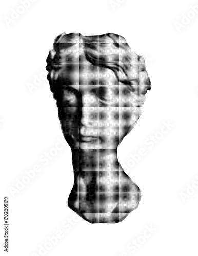 Athens Greek statue. Greek bust. Ancient woman face. Marble sculpture. Halftone dotted Venus portrait. Grunge texture. Antique Greece exhibition. Female goddess gypsum head. Vector isolated element