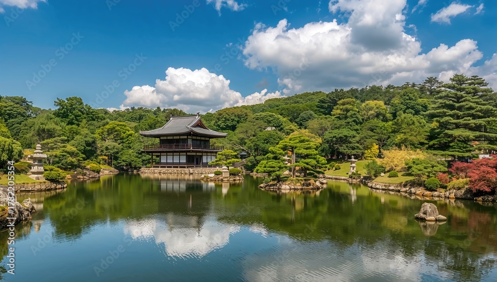 Fototapeta premium A serene Japanese garden featuring tranquil landscapes, promoting relaxation and mindfulness