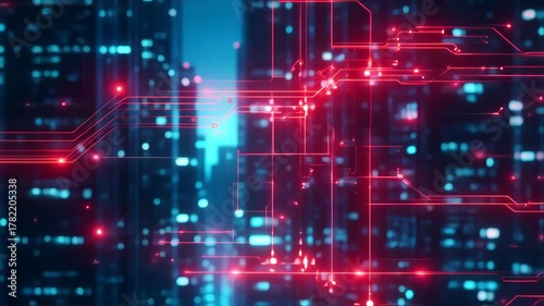 Abstract Digital Circuit Board with Neon Lights and Data Flow.