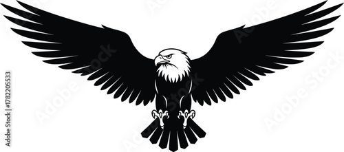 Silhouette eagle with spread wings, black outline bird, landing posture, minimal vector design, powerful raptor concept, freedom symbol, wildlife illustration