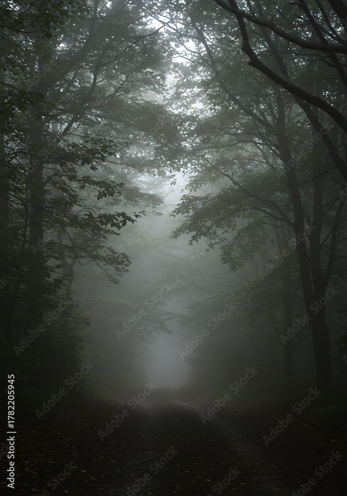 Fototapeta premium Mysterious Forest Path Enveloped in Dense Fog and Atmospheric Haze.