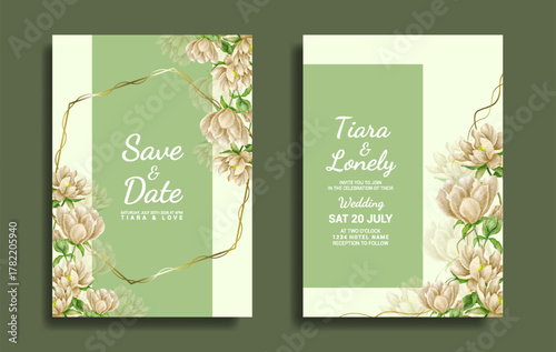 Green wedding invitation pack with flower water color design
