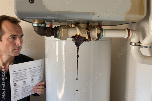 Man looking at manual in confusion, discovering his corroded water heater is leaking black, rusty fluid. Concept of a plumbing emergency, home repair, and equipment failure