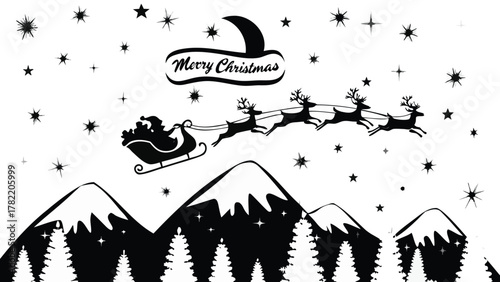 Santa claus and reindeer flying over snowy mountains and pine trees with stars and merry christmas text