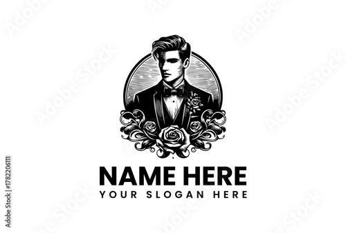 Gentleman's Elegance A Sophisticated Logo Featuring a Man in a Tuxedo and Floral Accents