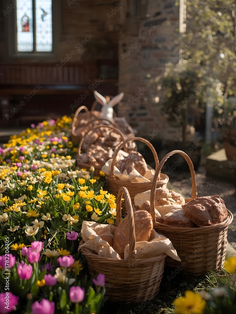 Obraz premium Spring Easter celebration in a countryside church surrounded by blooming nature and traditional baskets, moment of joy, blessing, and renewal