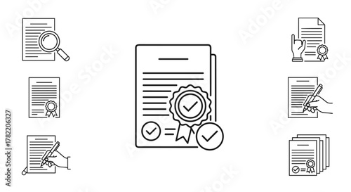 Line icons set illustrating certified documents, quality guarantee, verified contracts, and successful validation processes. Includes icons for document review with a magnifying glass, signing a
