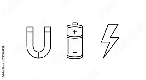 Set of three simple outline icons representing fundamental scientific and technological concepts: a horseshoe magnet, a battery with positive and negative terminals, and a lightning bolt symbolizing