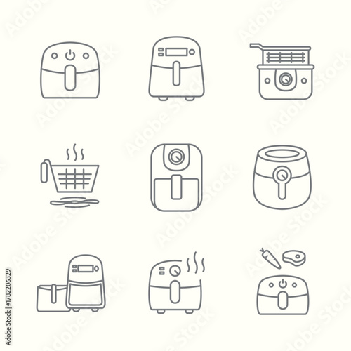 Air fryer icons, airfryer cooking machine symbols, kitchen baking oven pictograms