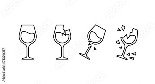 Set of four line art illustrations depicting a wine glass in various states of damage, from intact to shattered, symbolizing breakage, accidents, or loss, presented on a clean white background for