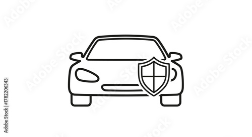 Minimalistic linear illustration of a car with a shield icon symbolizing insurance, protection, and security. This vector graphic represents concepts of safety, risk management, and safeguarding