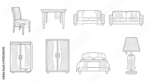 Collection of minimalist line art icons representing various furniture pieces, including a chair, table, sofas, wardrobes, a bed, and a lamp, all rendered with a delicate organza fabric overlay on a