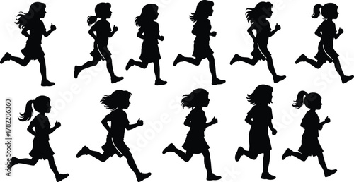 Silhouette girl running, motion cycle poses, black outline figures, athletic stride variation, minimal vector design, dynamic movement concept, sports activity illustration
