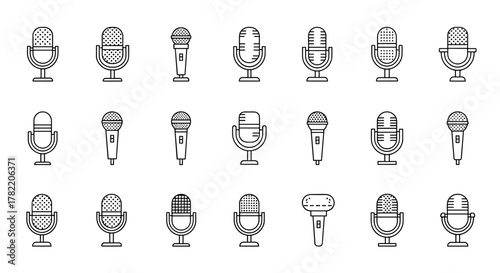 Collection of outline microphone icons for graphic and web design, apps, adverts, various cards, vector cartoon illustration with a white background, representing audio recording, broadcasting, and