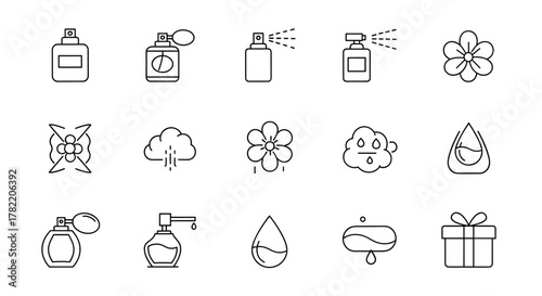 Collection of minimalist linear pictograms representing perfume bottles, spray atomizers, flowers, water drops, clouds, and a gift box, ideal for web and graphic design, apps, banners, social