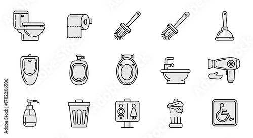 Collection of thin line icons representing bathroom and toilet essentials, including toilets, urinals, bidets, toilet paper, brushes, plungers, soap dispensers, trash cans, hairdryers, and